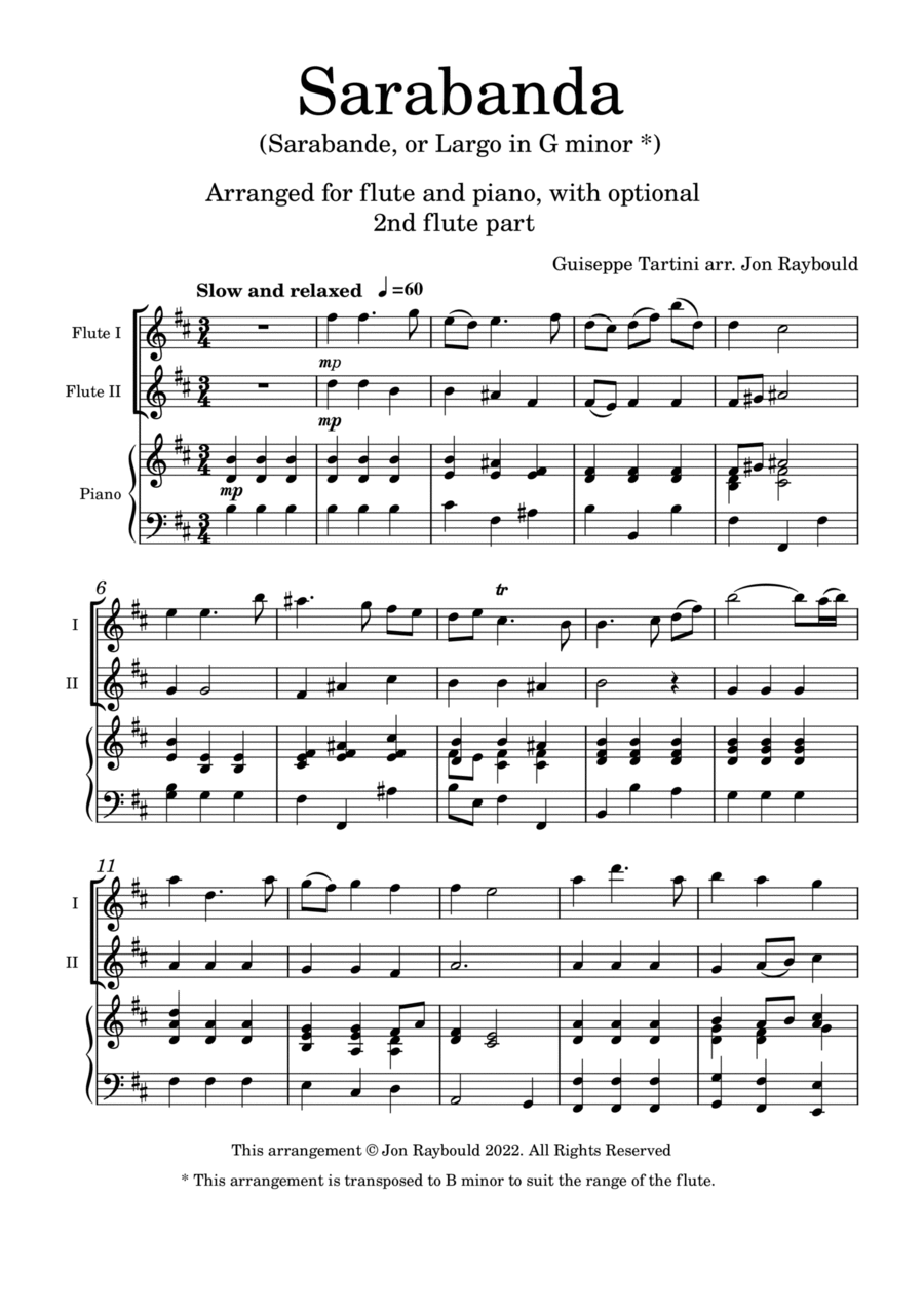 Tartini - Sarabanda (Sarabande) arranged for 2 flutes Flute Duet scores gallery preview page 1