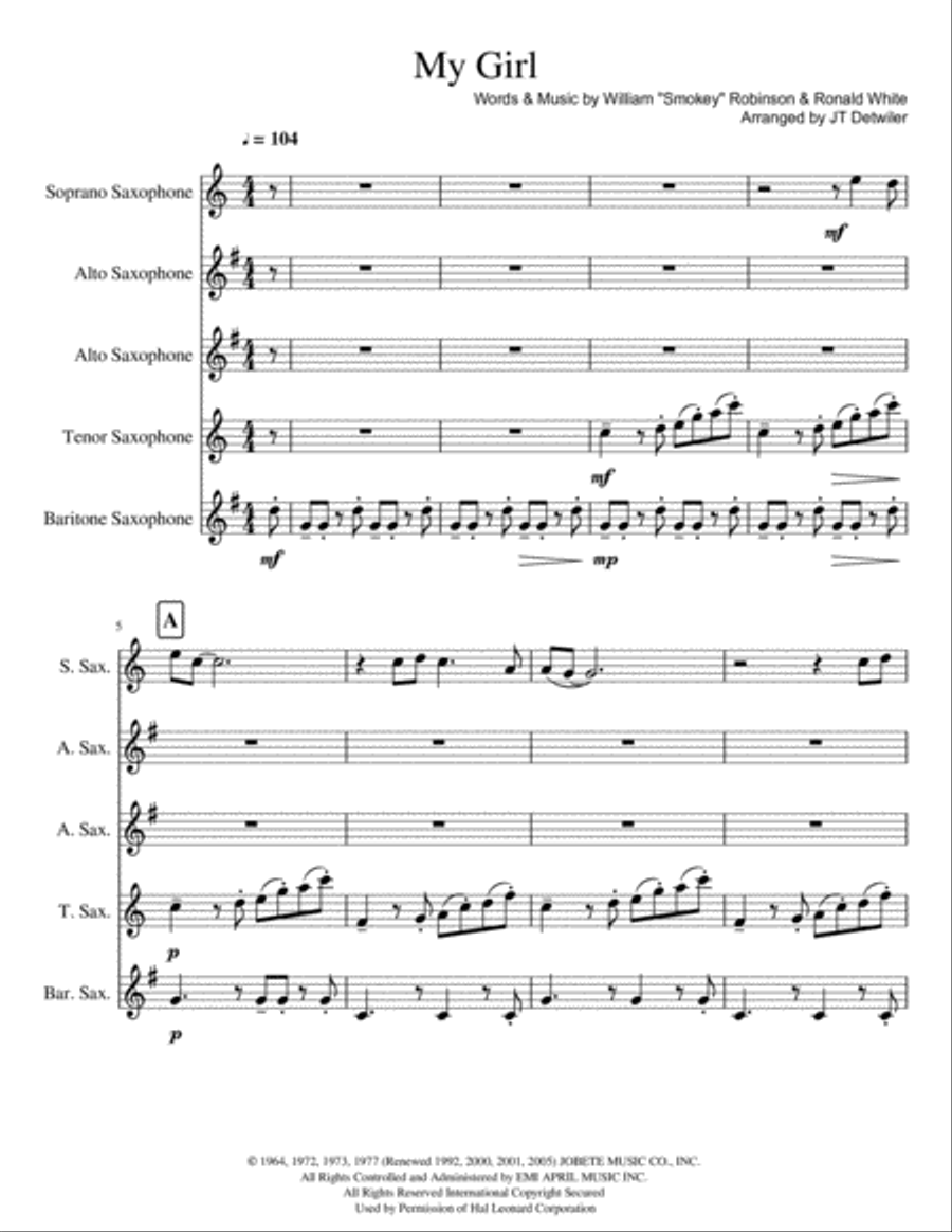 My Girl Saxophone Quintet scores gallery preview page 1