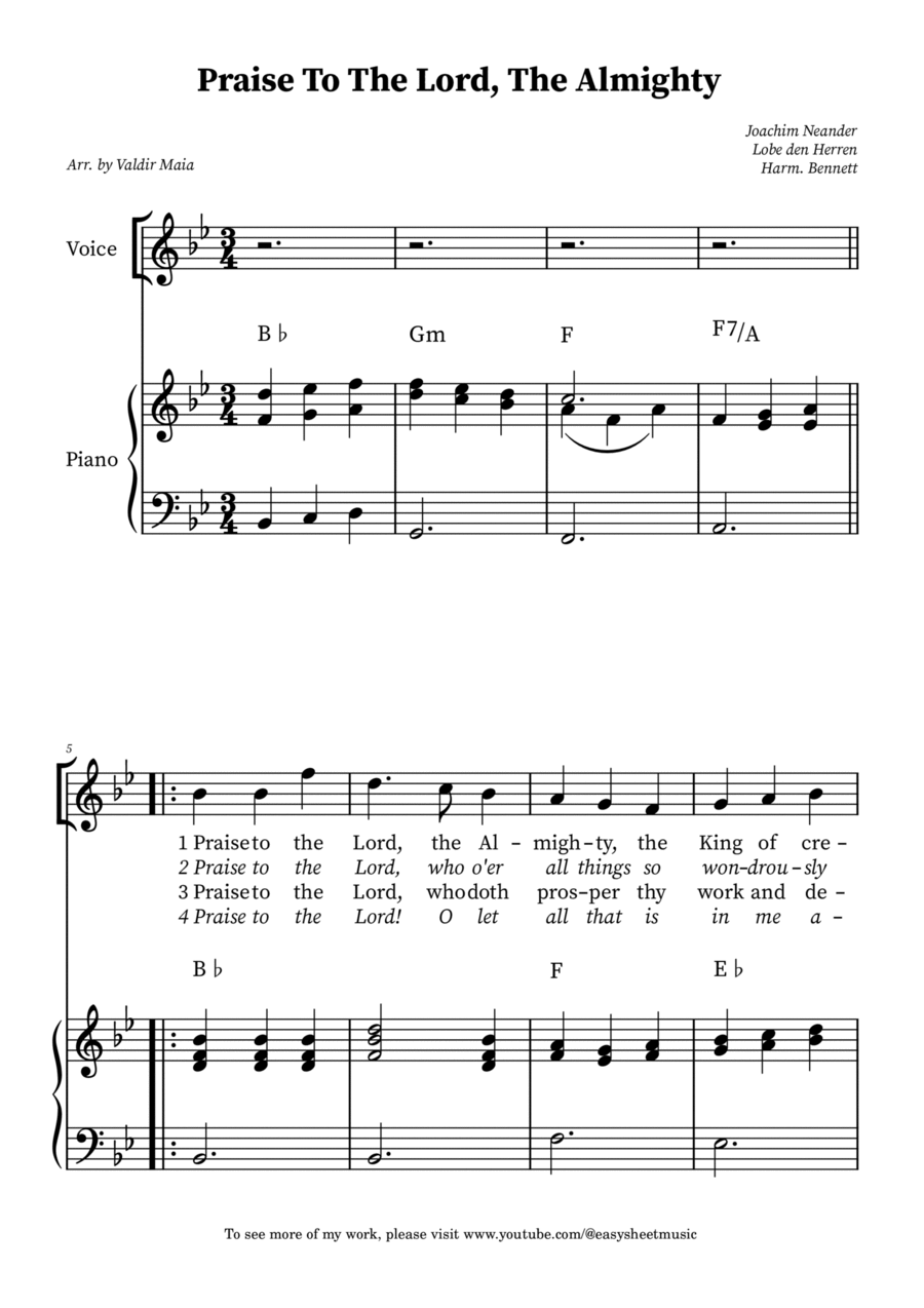 Praise To The Lord, The Almighty – Voice with Piano Accompaniment (B Flat Major) Voice scores gallery preview page 1