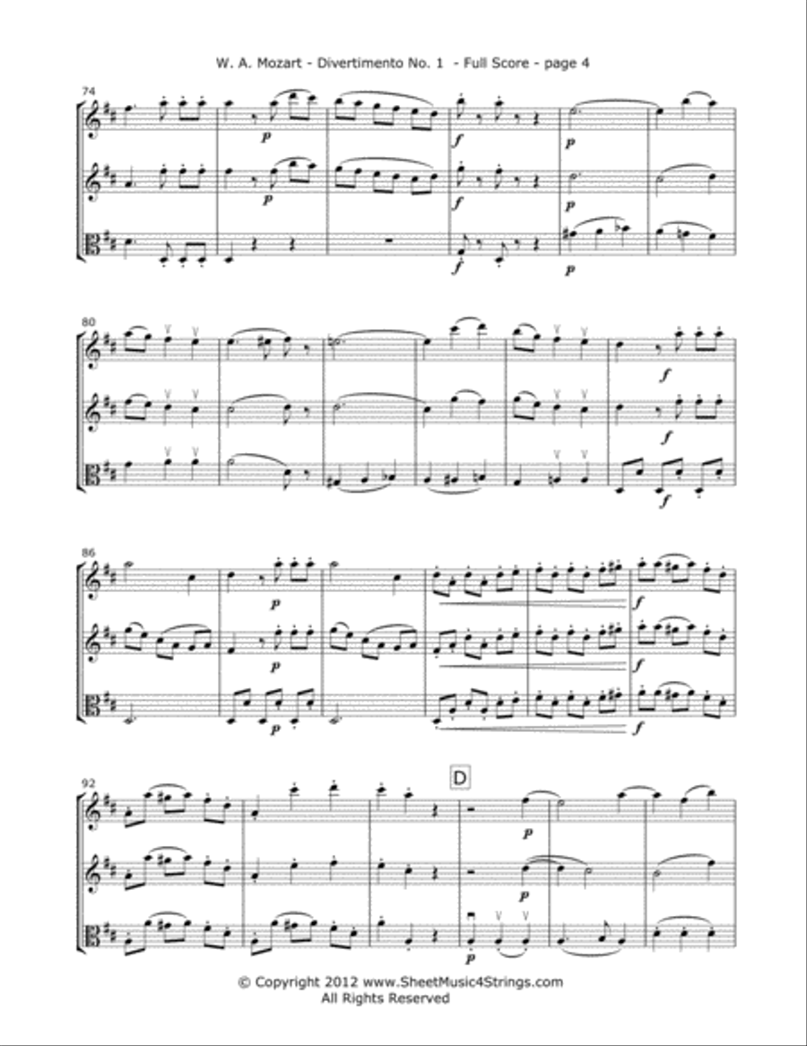 Mozart, W. - Divertimento No. 5 (Mvt. 1) for Two Violins and Viola String Trio scores gallery preview page 4