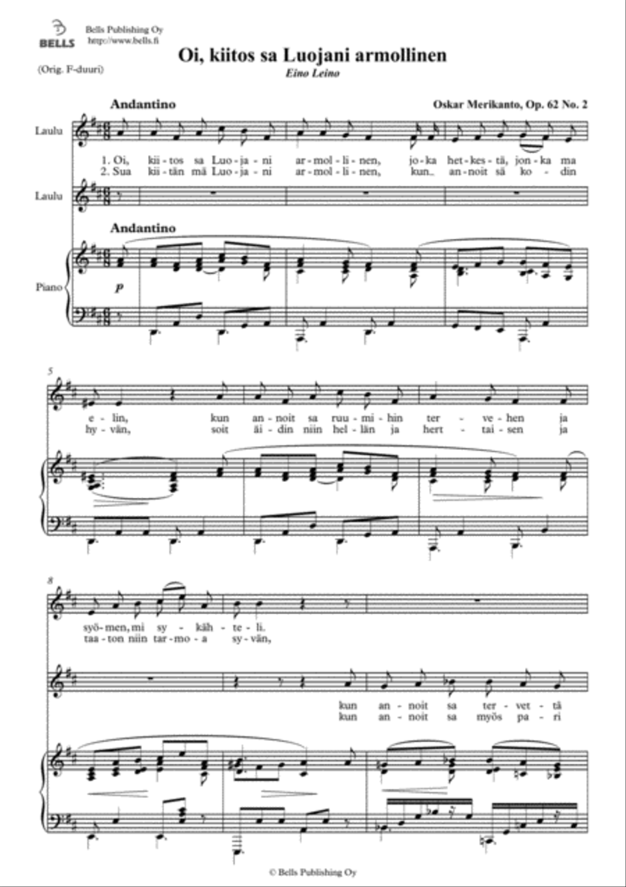 Oi, kiitos sa Luojani armollinen, Op. 62 No. 2 (D Major) SA scores gallery preview page 1