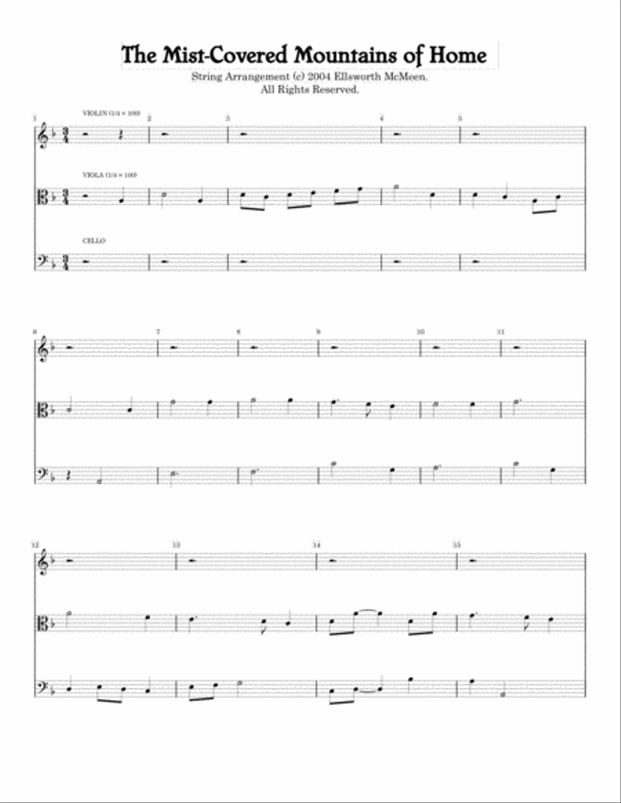 Mist-Covered Mountains of Home For Classical String Trio (Violin, Viola, and Cello) String Quartet scores gallery preview page 2