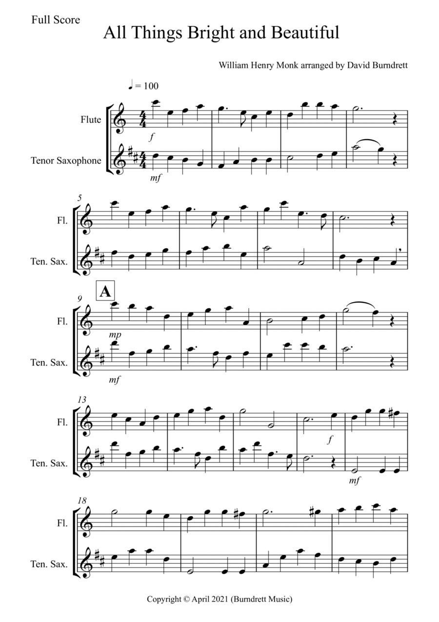 All Things Bright and Flute and Tenor Saxophone Duet Woodwind Duet scores gallery preview page 1