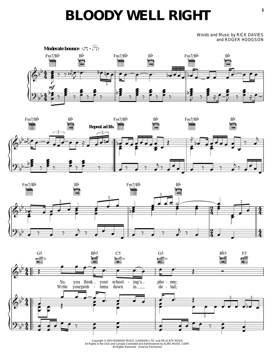 Bloody Well Right Piano, Vocal, Guitar scores gallery preview page 1