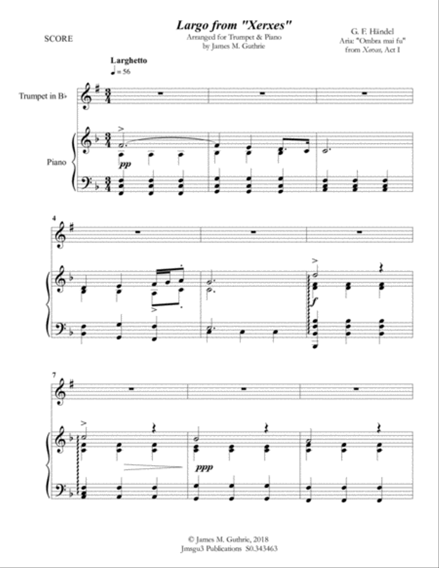 Handel: Largo from Xerxes for Trumpet & Piano B-Flat Trumpet scores gallery preview page 1