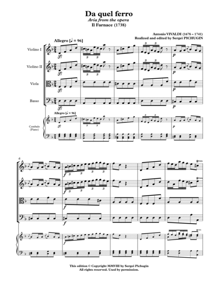 VIVALDI Antonio: Da quel ferro, aria from the opera Il Farnace, score and parts (D minor)