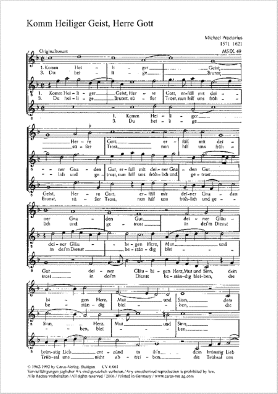 Aus tiefer Not schrei; Komm, Heiliger Geist by Michael Praetorius Score - Sheet Music