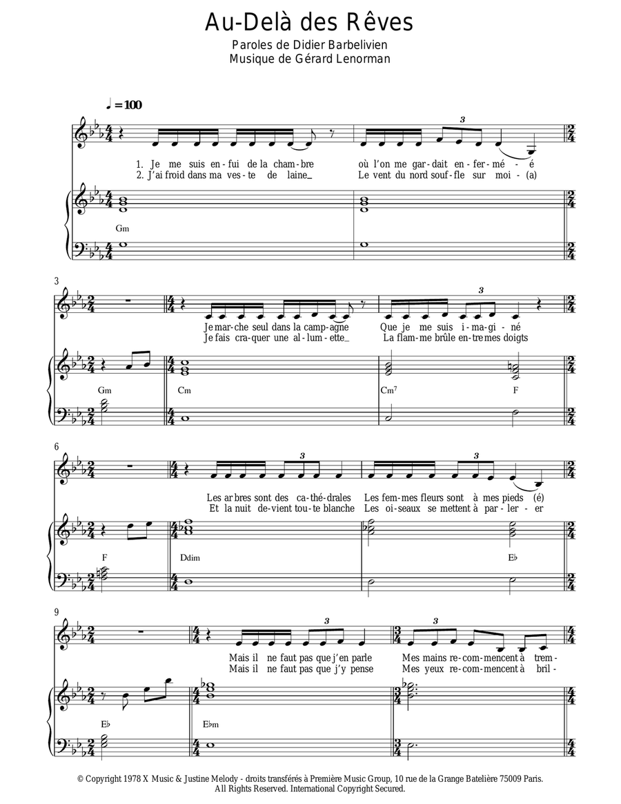 Au Dela Des Reves Au Dela Des Reves Piano, Vocal scores gallery preview page 1
