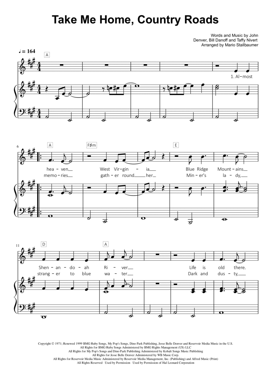 Take Me Home, Country Roads Piano, Vocal scores gallery preview page 1