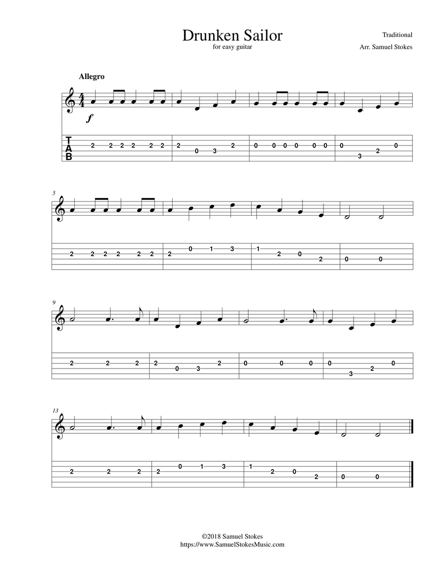 Drunken Sailor - for easy guitar with TAB Acoustic Guitar scores gallery preview page 1