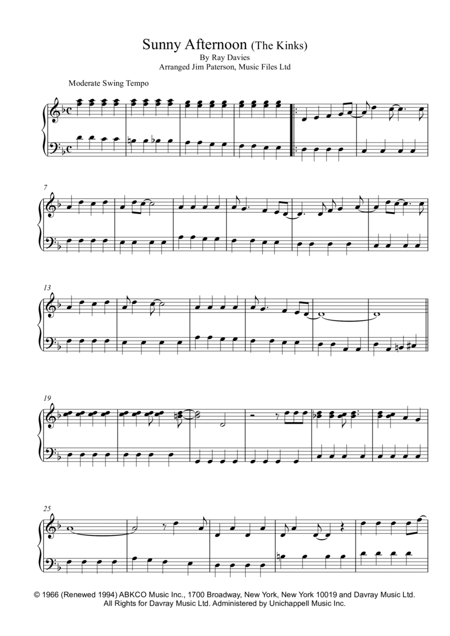 Sunny Afternoon Sunny Afternoon Easy Piano scores gallery preview page 1
