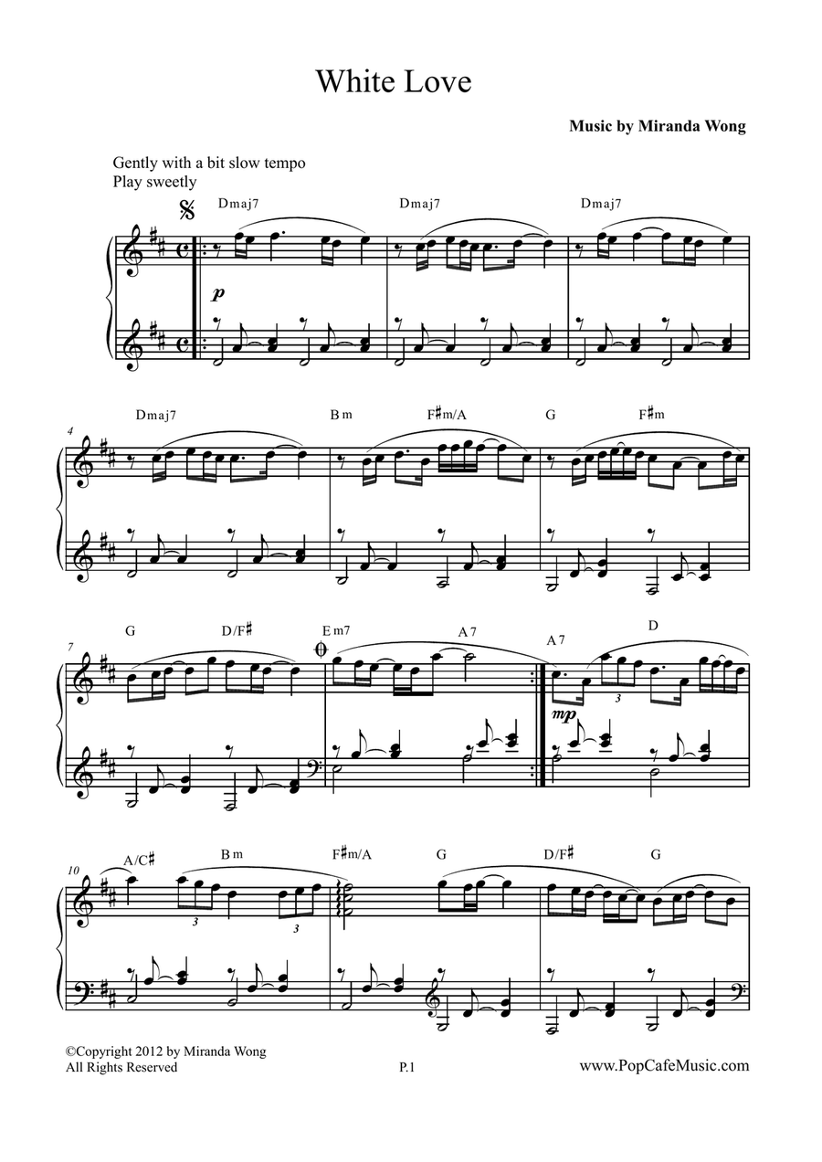 White Love - Romantic Piano Music in D Key (With Chords) Piano Solo scores gallery preview page 2