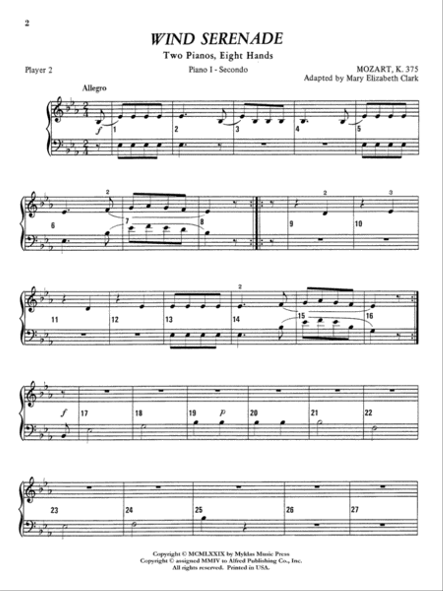 Wind Serenade - Piano Quartet (2 Pianos, 8 Hands) Cello scores gallery preview page 1
