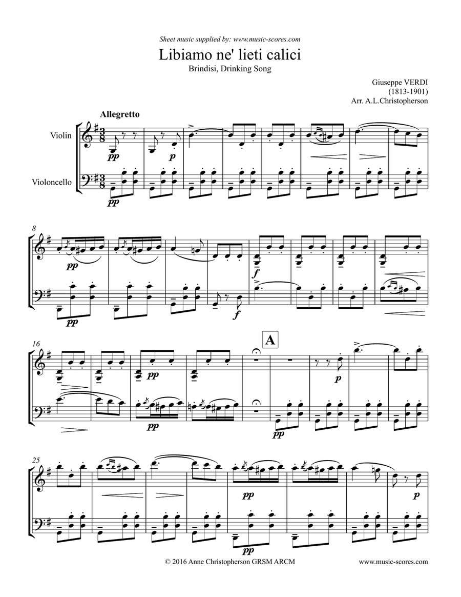 Verdi: Libiamo ne lieti calici - Brindisi from La Traviata - Violin & Cello String Duet scores gallery preview page 1