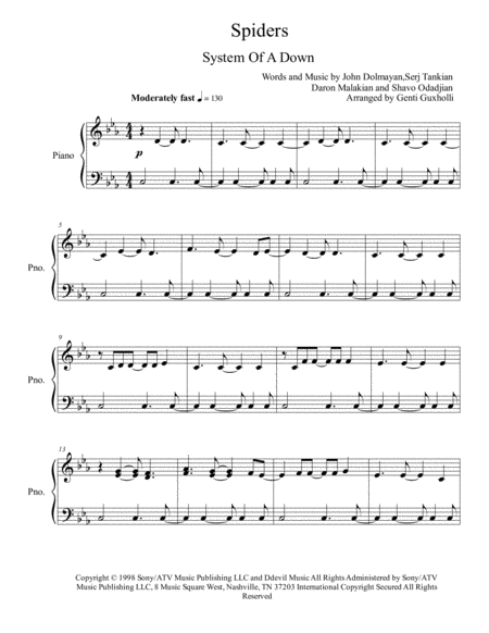 Spiders (arr. Genti Guxholli) Sheet Music | System Of A Down | Piano Solo