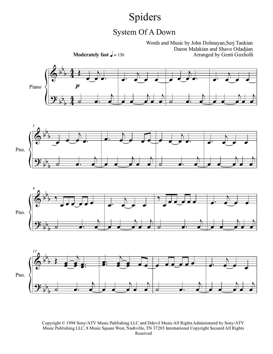 Spiders by System of a Down - Piano Solo - Digital Sheet Music