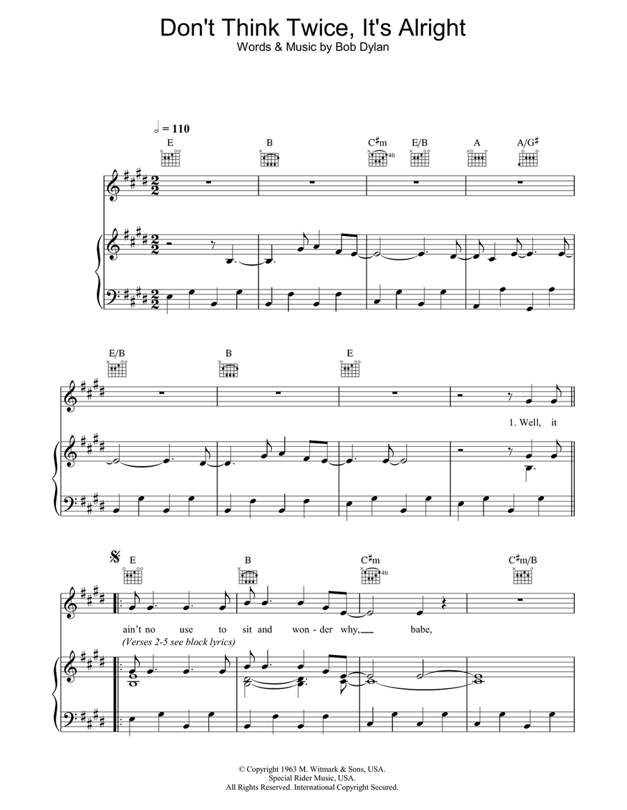 Don't Think Twice, It's Alright Piano, Vocal, Guitar scores gallery preview page 1