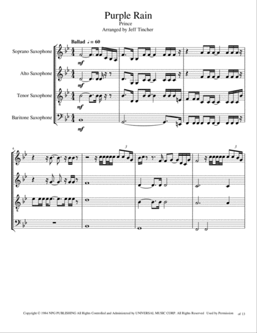 Purple Rain Woodwind Quartet scores gallery preview page 2