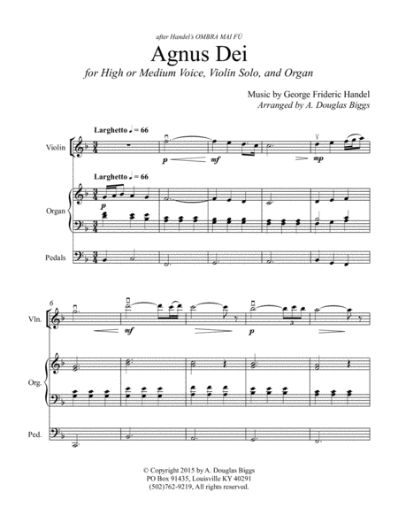 Agnus Dei for High or Medium Voice, Violin Solo and Organ