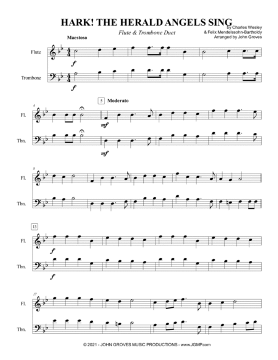 Hark! The Herald Angels Sing - Flute & Trombone Duet Flute scores gallery preview page 2