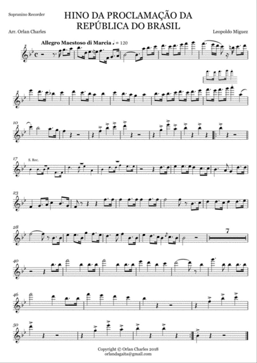 Hino da Proclamação da República do Brasil (Hymn to the Proclamation of the Republic of Brazil) Recorder scores gallery preview page 3