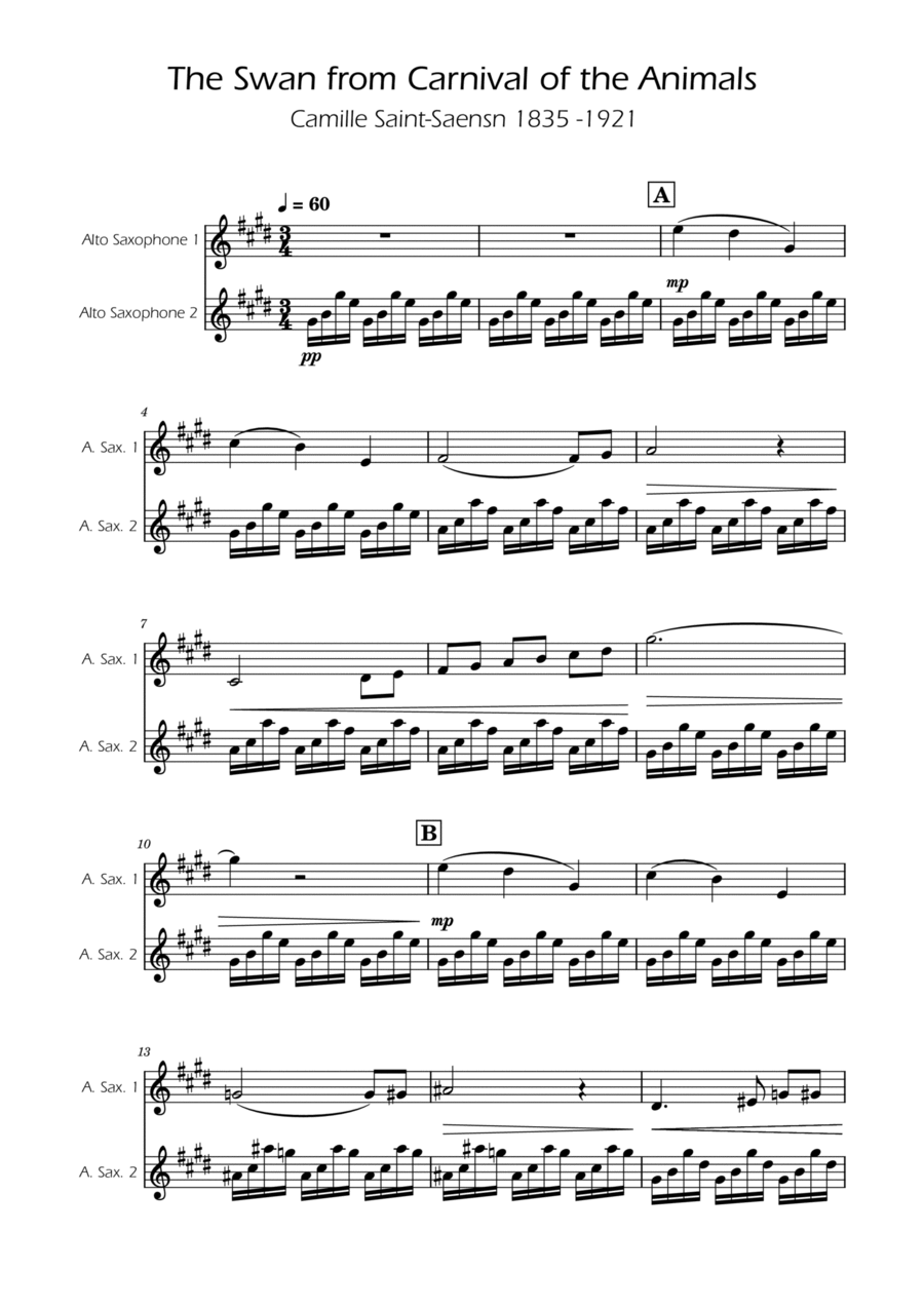 The Swan - Saint-Saens - Alto Sax Duet Woodwind Duet scores gallery preview page 1