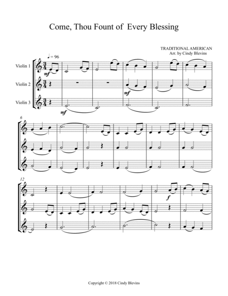 Come, Thou Fount of Every Blessing, Easy Violin Trio image number null