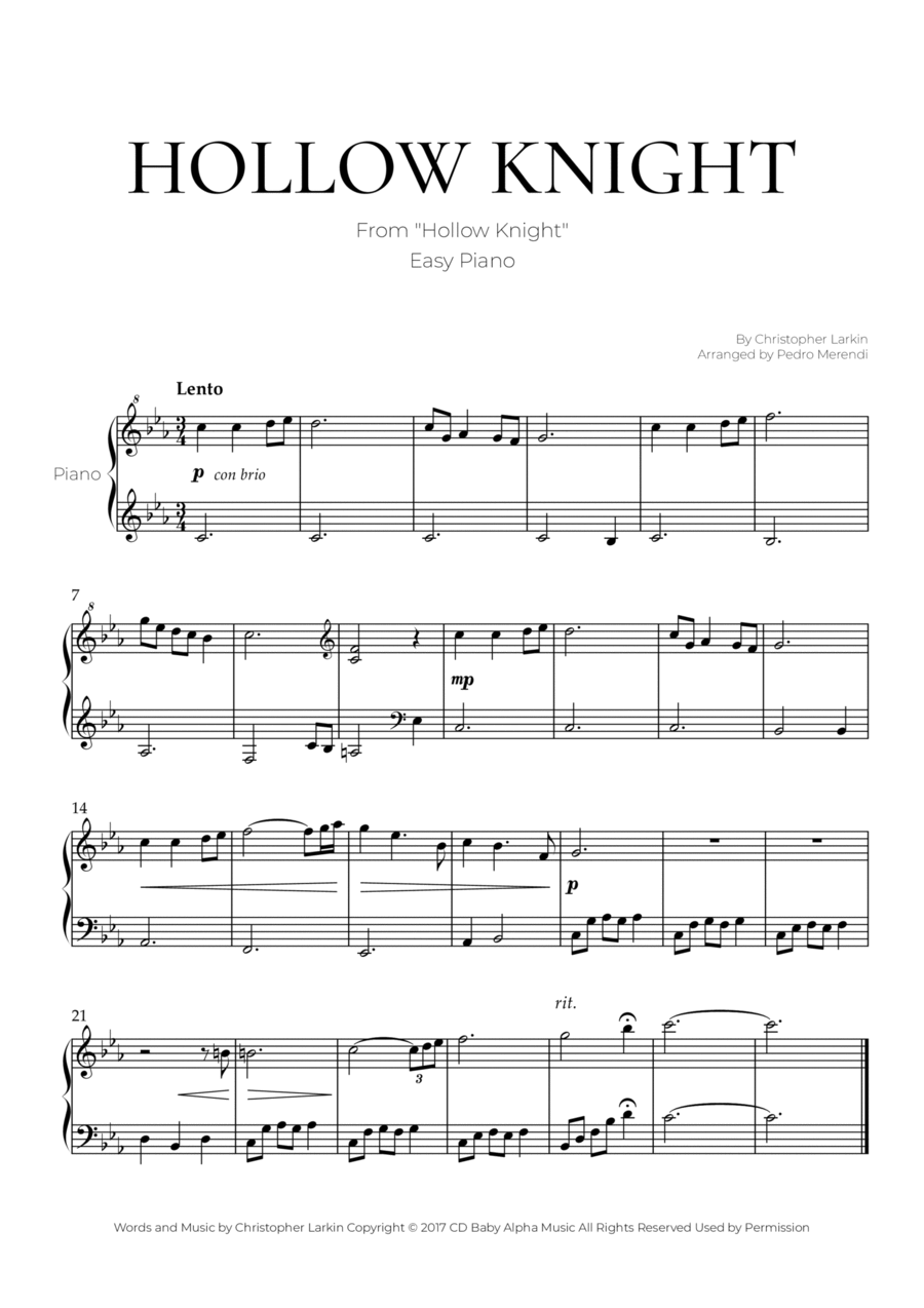 Hollow Knight Easy Piano scores gallery preview page 1