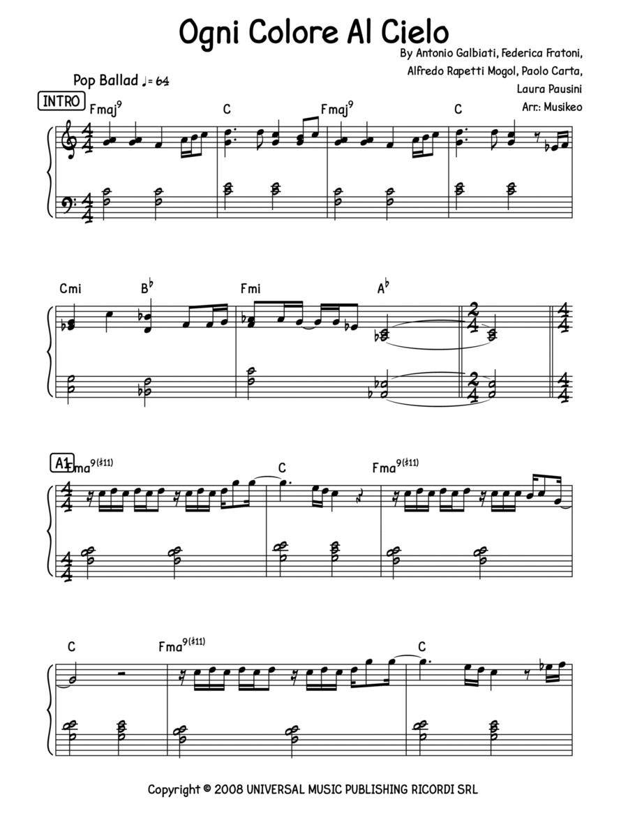 Ogni Colore Al Cielo Easy Piano scores gallery preview page 1