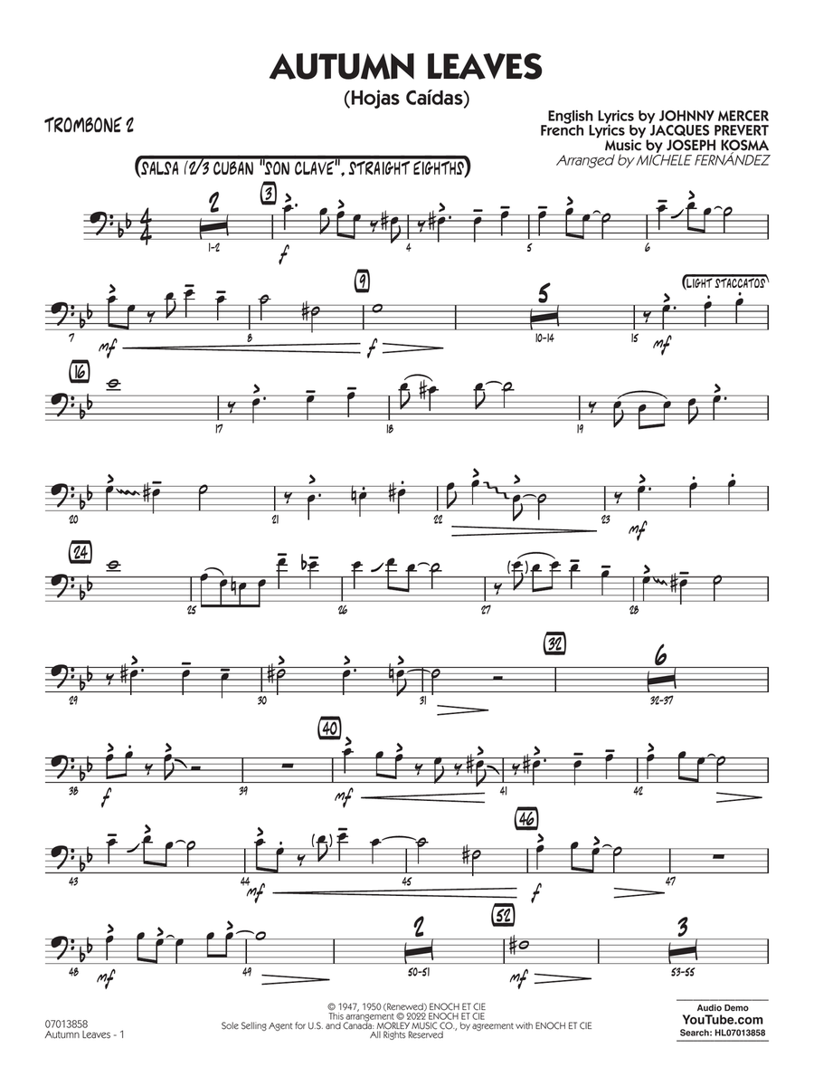 Autumn Leaves (Hojas Caídas) (arr. Michele Fernández) - Trombone 2 Jazz Ensemble scores gallery preview page 1