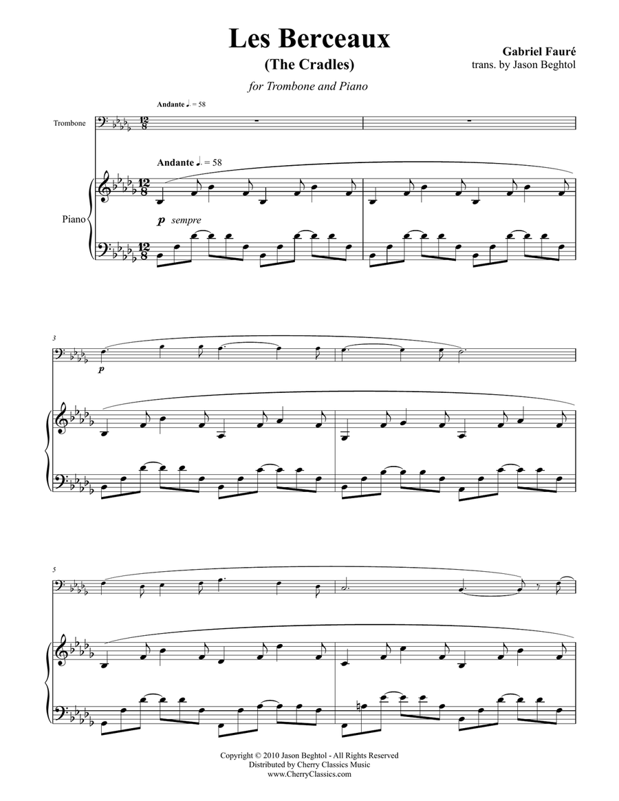 Les Berceaux for Trombone & Piano Piano scores gallery preview page 1