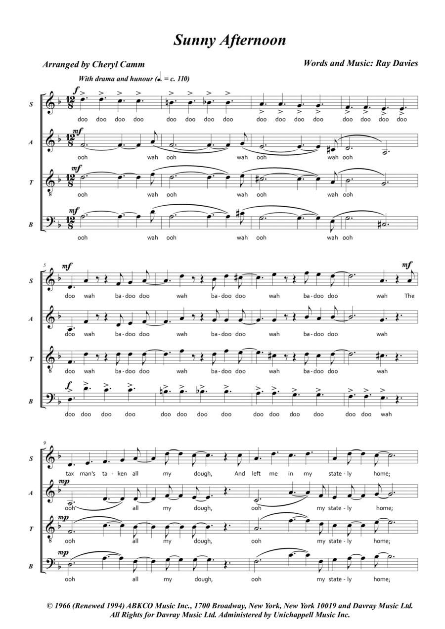Sunny Afternoon 4-Part scores gallery preview page 1