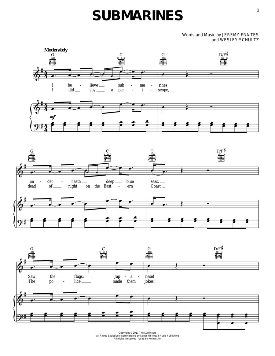 Submarines Piano, Vocal, Guitar scores gallery preview page 1