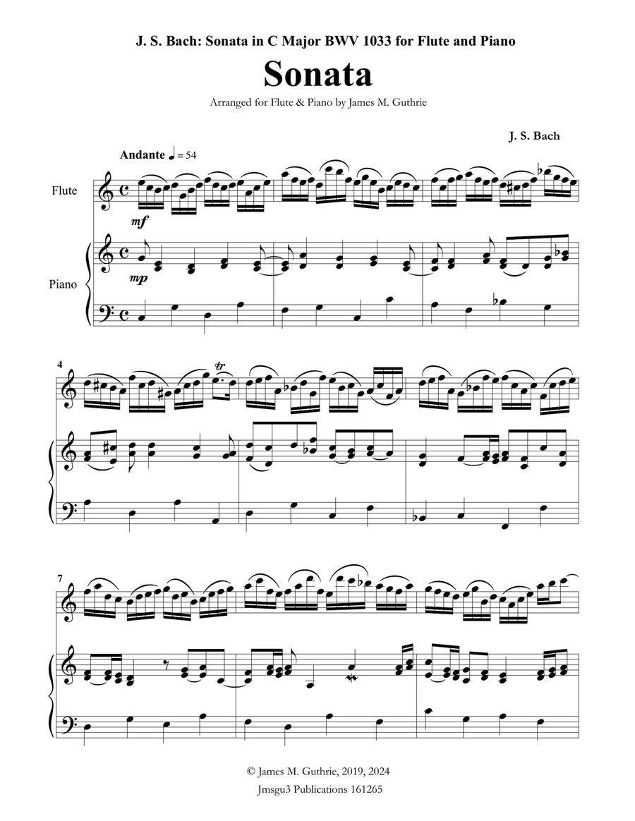 BACH: Sonata in C Major BWV 1033 for Flute & Piano Chamber Music scores gallery preview page 1