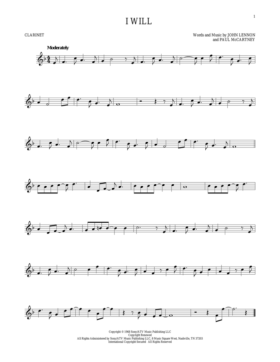 I Will Clarinet Solo scores gallery preview page 1