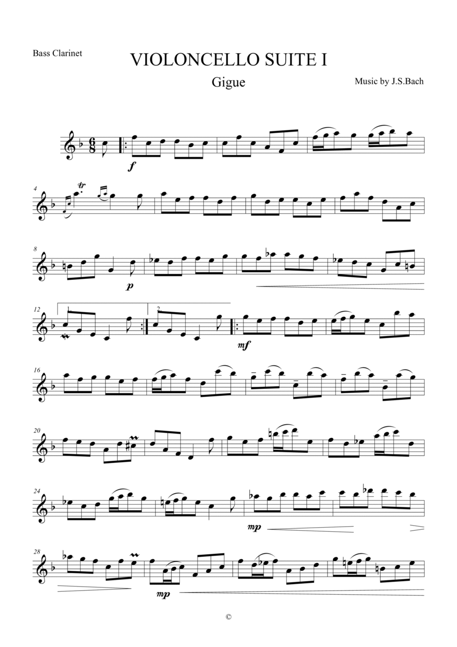 Gigue from Violoncello Suite I by J.S.Bach for Bass Clarinet Bass Clarinet scores gallery preview page 1