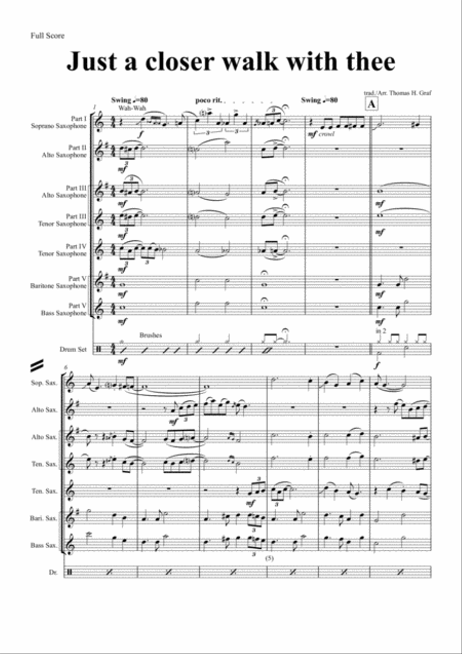 Just A Closer Walk With Thee - New Orleans Funeral - Saxophone Quintet Saxophone Quintet scores gallery preview page 1