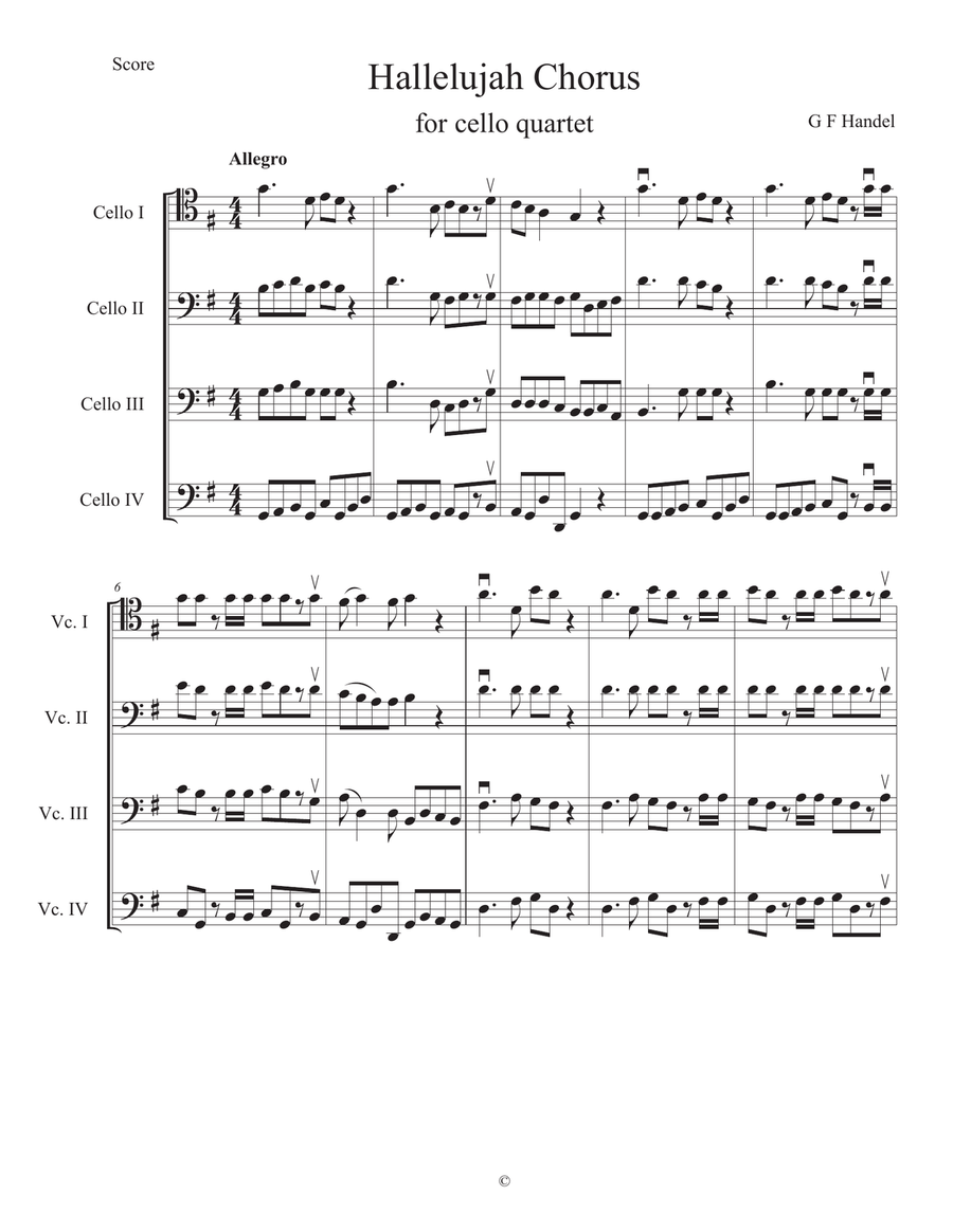 Hallelujah Chorus for cello quartet (or cello choir/cello ensemble) Chamber Music scores gallery preview page 1