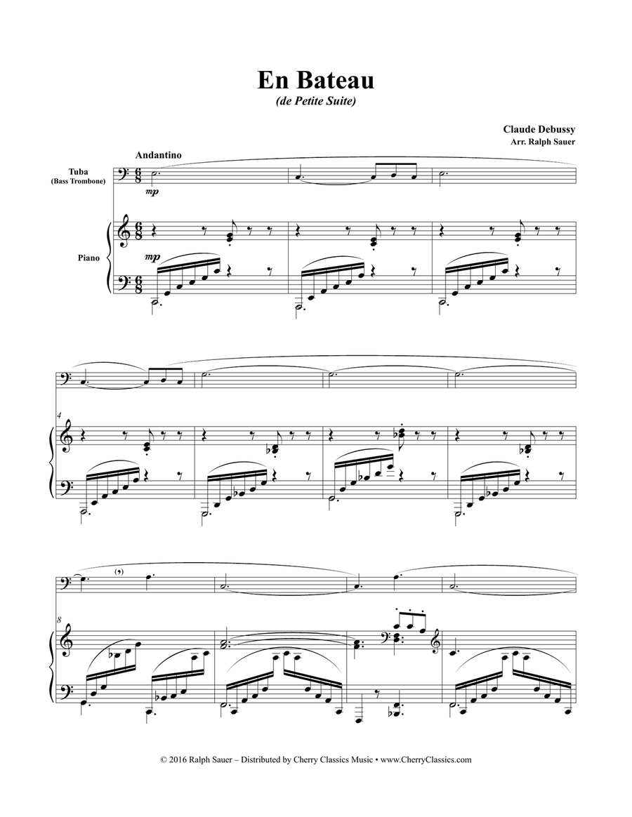 En Bateau from Petite Suite for Tuba or Bass Trombone and Piano, arr. by Ralph Sauer Bass Trombone scores gallery preview page 1