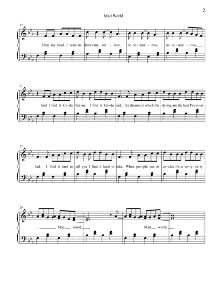 Mad World Piano Solo scores gallery preview page 2