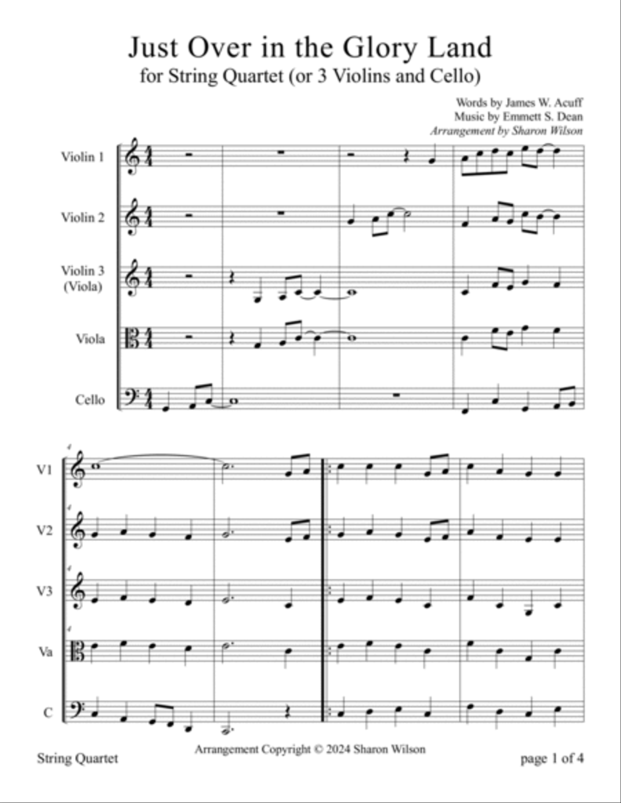 Just Over in the Glory Land (Easy String Quartet) String Quartet scores gallery preview page 5