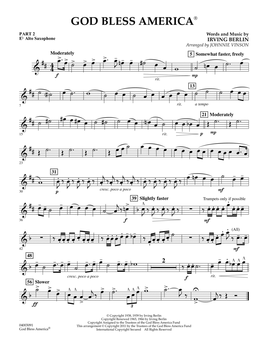 God Bless America - Pt.2 - Eb Alto Saxophone Concert Band scores gallery preview page 1