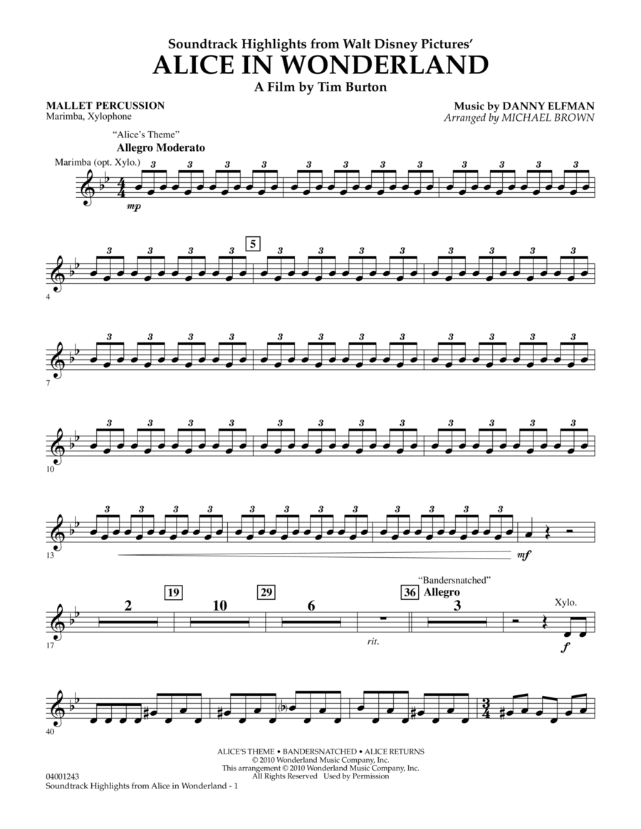 Alice In Wonderland, Soundtrack Highlights - Mallet Percussion Concert Band scores gallery preview page 1