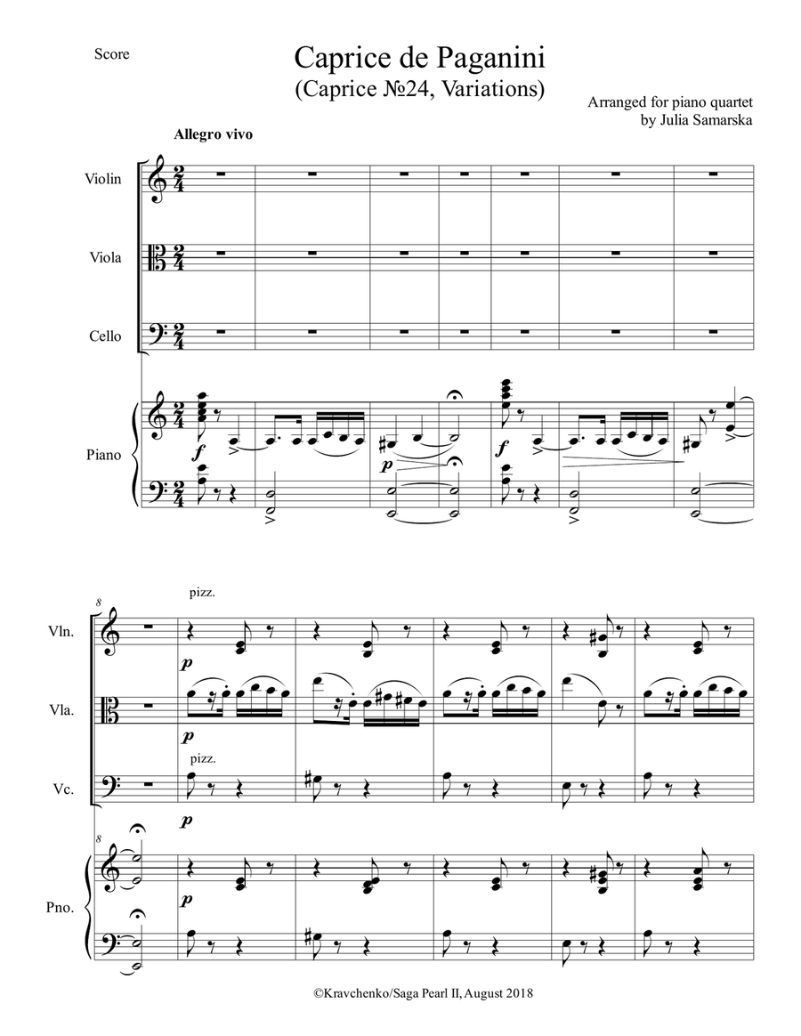 Niccolo Paganini - Caprice No.24 arr. for piano quartet (score and parts) Piano Quartet scores gallery preview page 1