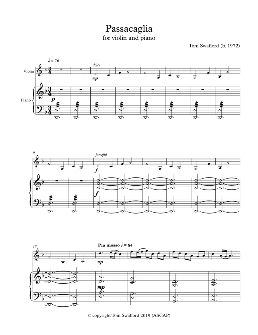 Passacaglia for violin and piano Violin Solo scores gallery preview page 1