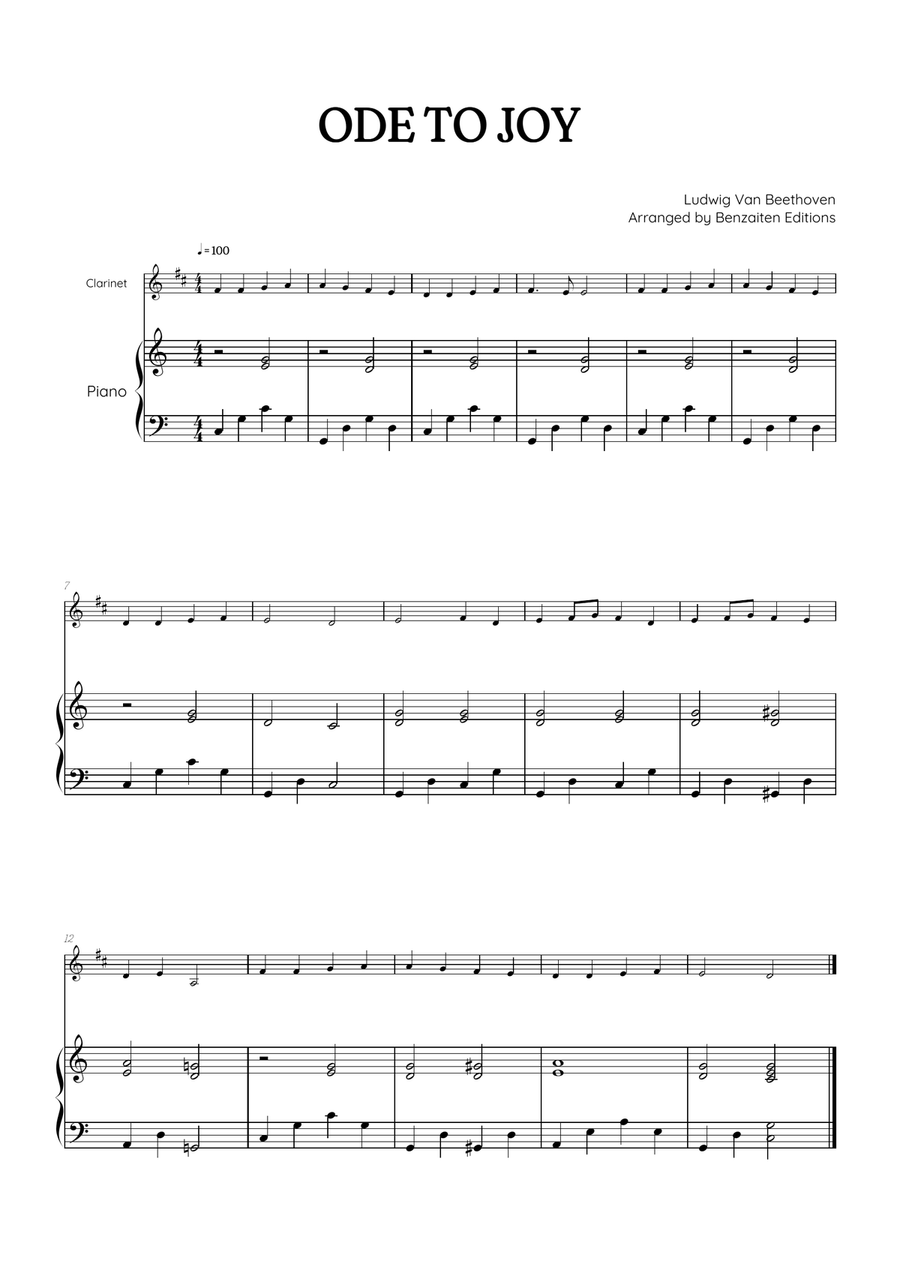Beethoven • Ode to Joy | clarinet sheet music w/ piano accompaniment Clarinet Solo scores gallery preview page 1