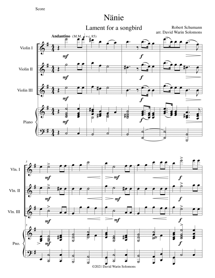 Nänie - lament for a songbird - for violin trio and piano image number null