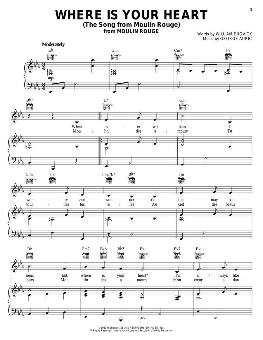 Where Is Your Heart (The Song From Moulin Rouge) Piano, Vocal, Guitar scores gallery preview page 1