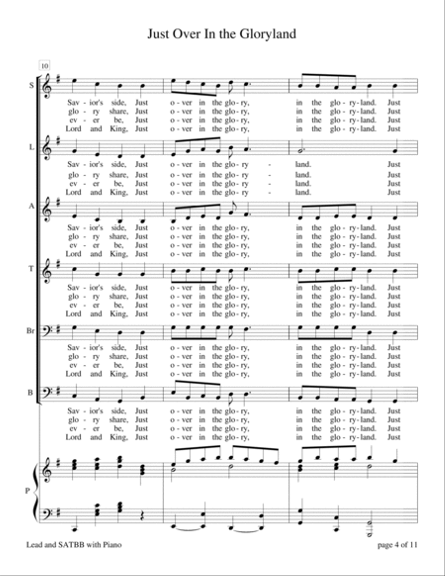 Just Over In the Gloryland (for Lead and SATBB choir A Cappella or with Piano Accompaniment) A Cappella scores gallery preview page 6