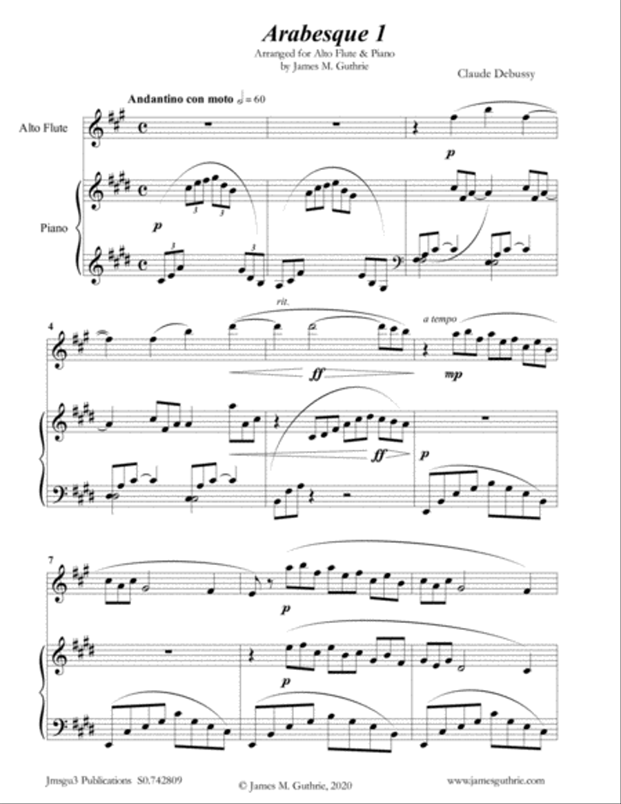 Debussy: Two Arabesques for Alto Flute & Piano Flute Solo scores gallery preview page 1
